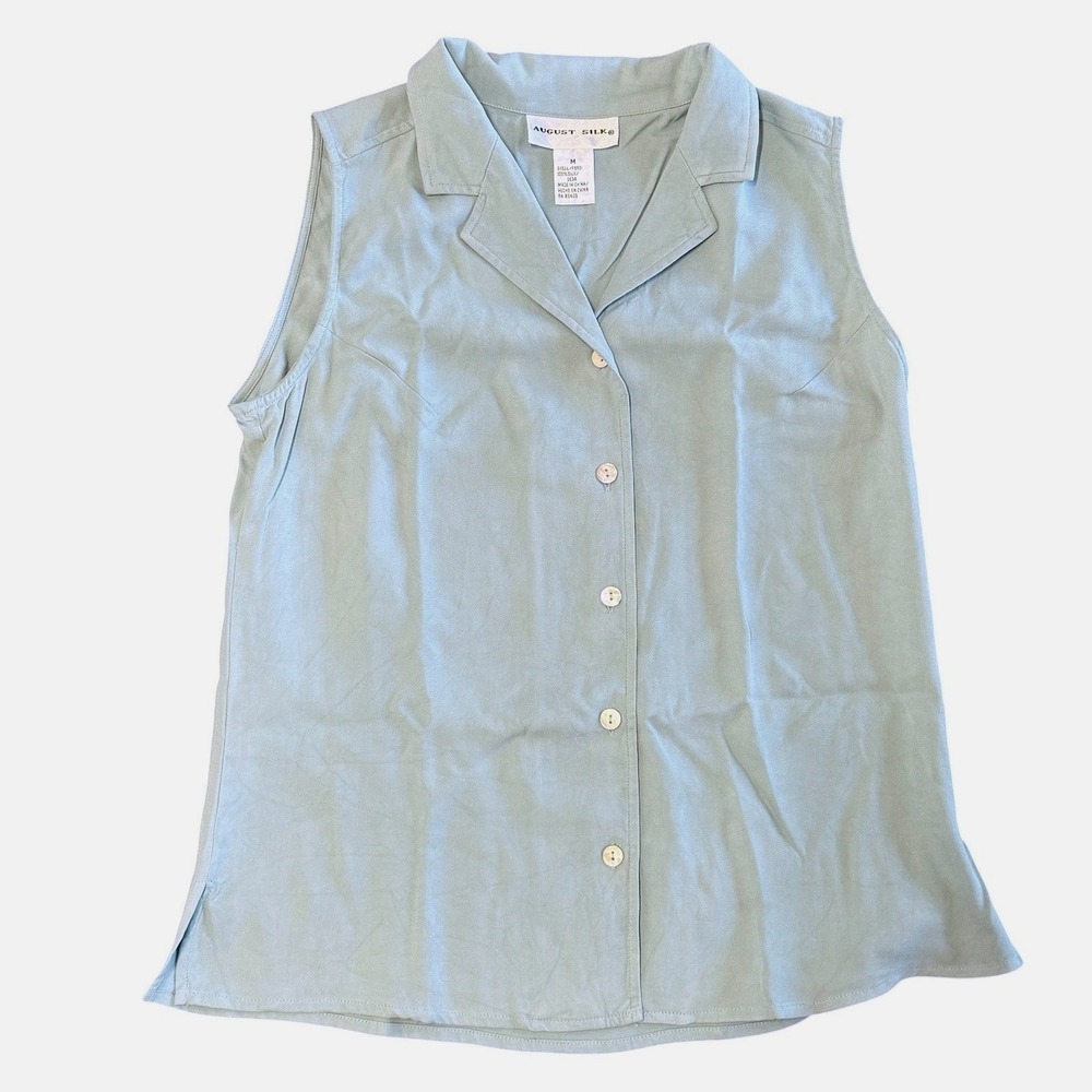 August Silk Womens 100% Silk Sleeveless Button Down Top Sage Green Herringbone M